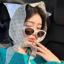 1pc Pink/Purple/Yellow Small Flower Printed High-Quality And Elegant Thin Silk Scarf, Triangle Headscarf For Sun Protection And Hair Styling, Spring/Summer Vacation, Beach Or Garden Photoshoots - Yellow - View 6