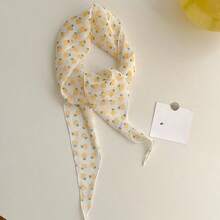 1pc Pink/Purple/Yellow Small Flower Printed High-Quality And Elegant Thin Silk Scarf, Triangle Headscarf For Sun Protection And Hair Styling, Spring/Summer Vacation, Beach Or Garden Photoshoots - Yellow - View 7