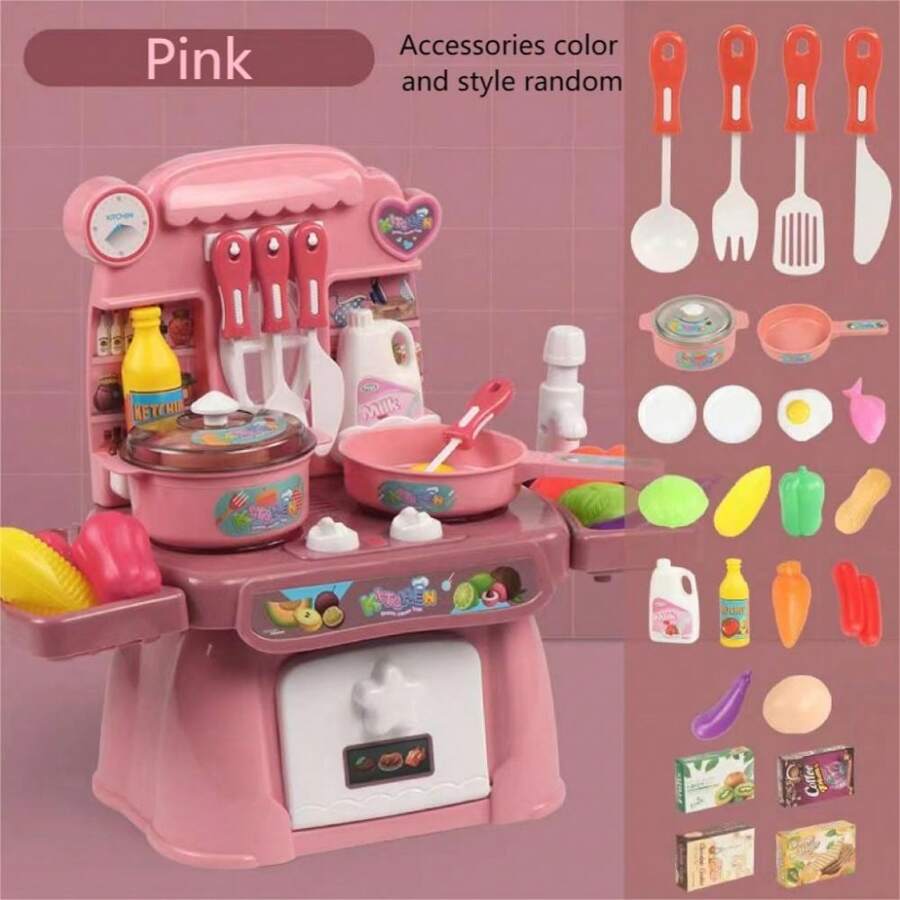 Juego De Cocina De Juego De Simulación Para Niños Con Sonido, Luz, Estufa, Fregadero Y Juguetes De Alimentos - Conjunto De Juego De Cocina Para Niños Pequeños, Accesorio De Color Y Estilo Al Azar - Rosa - Ver 1