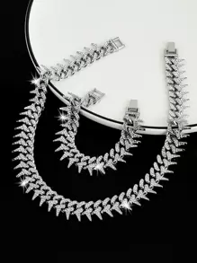 1件新穎的龍鬚刺銀合金鑲鑽項鍊手鍊套裝,男女適用 - 龍鬚刺項鍊加手鍊 - 查看 2