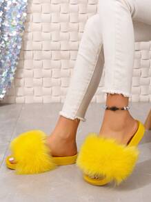 夏季女士拖鞋毛绒彩色沙滩纯色长毛防滑鞋底家居套鞋时尚拖鞋 - 黃色 - 查看 3