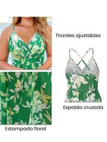Vestidos largos de mujer elegantes de playa, con Tirantes ajustables y estampado floral y plantas tropical,vestidos frescos casuales Sexy  para dama fiesta, Faldas Mujer Largas Elegantes, vestidos de novia primavera y Verano - Verde - Ver 2