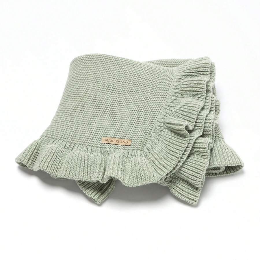1pc Comfortable And Soft Knitted Baby Swaddle Blanket With Ruffle And Floral Edges Love Valentine - Mint Green - View 1