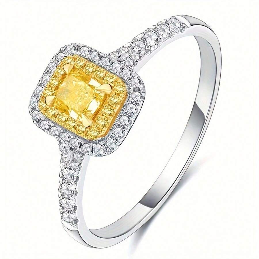 母親節主題珠寶,韓國風格長方形水晶＆黃色立方氧化鋯雙色鑽石婚戒,新娘手飾 - 白色 - 查看 1