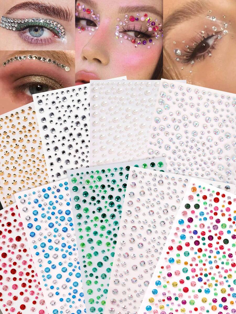 STARTTOOS Large Sheet Multisize 3d Simulated Gemstone Eye & Face Decoration Stickers, Diy Music Festival Y2k Makeup Party Eye & Face Decoration Stickers