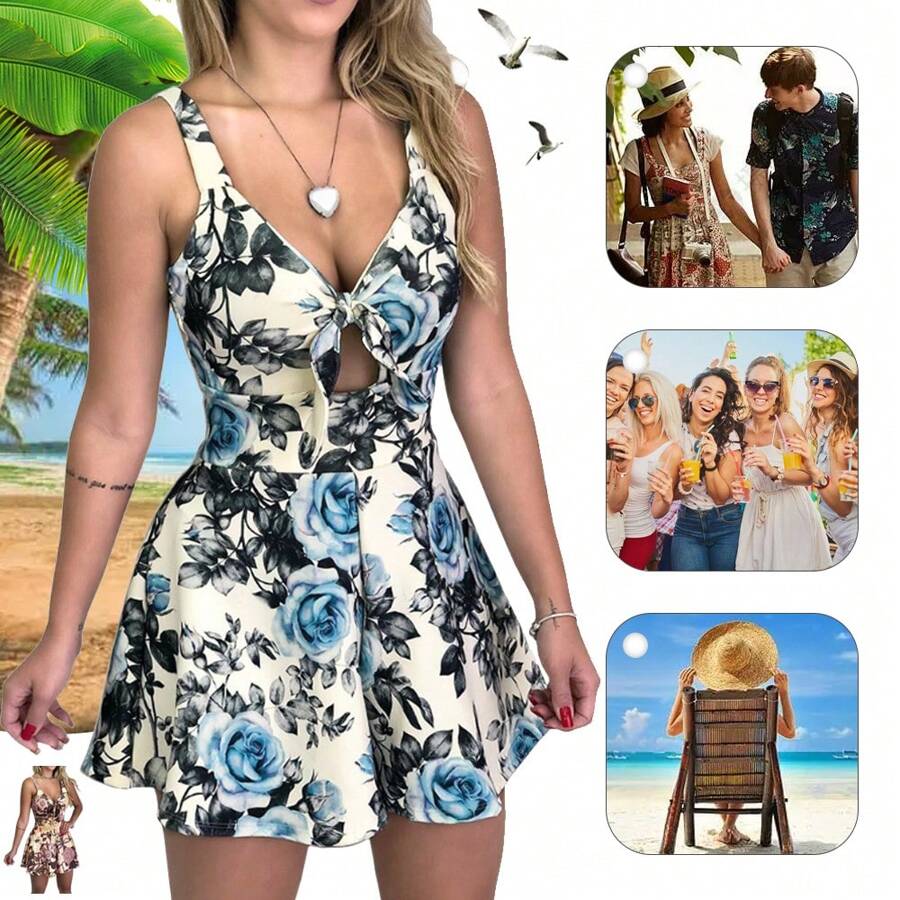 Jumper Cadena , Vestido Short , Cuello V , Short Abajo Sexy Mono de tirantes - Blanco - Ver 1