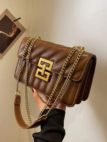 1pc Ladies' Embroidery & Striped Fashionable Lock Closure Square Bag Purse With Colorful Chain, Suitable For Dating And Gift