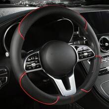1pc Universal 38cm Round Car Steering Wheel Cover Made Of Leather With Flower Embossed Patchwork Design - Red - View 2
