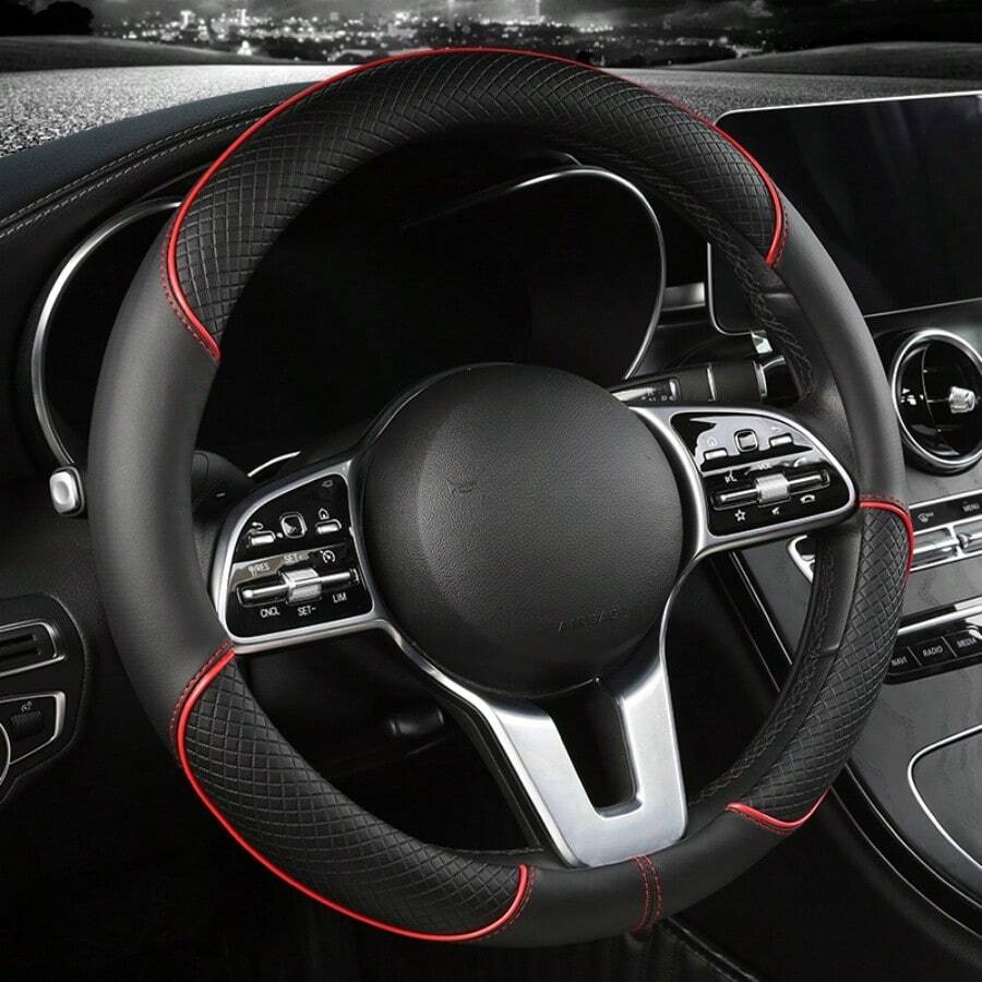 1pc Universal 38cm Round Car Steering Wheel Cover Made Of Leather With Flower Embossed Patchwork Design