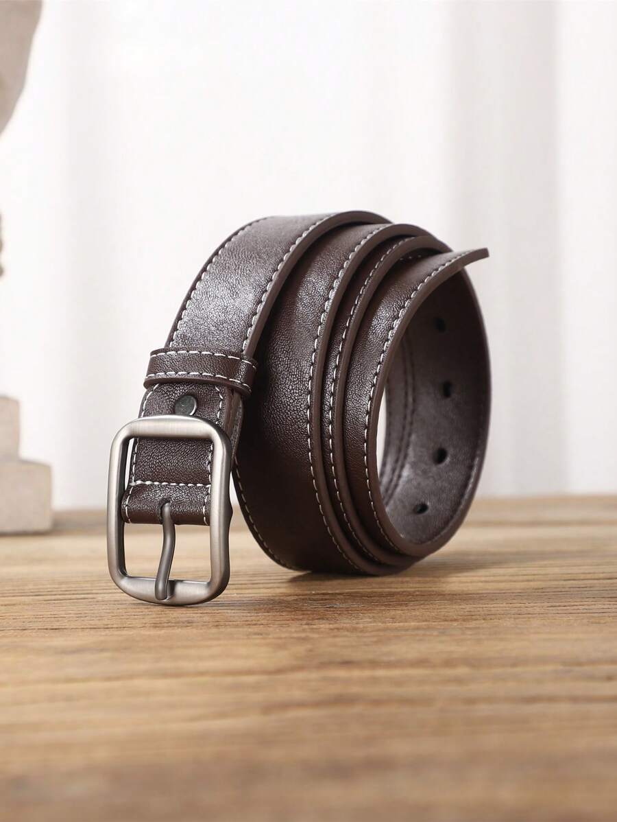 Cinturón para hombre con hebilla rectangular, estilo vintage - Café integral - Ver 1