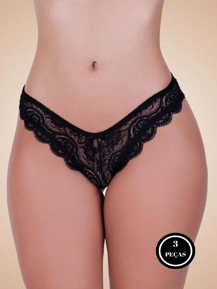 Kit 3 Lace Thong Panties With Elastic Lingerie - 彩色 - 查看 1