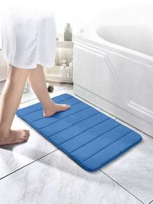 1pc Simple Striped Embroidery Bath Mat For Bathroom, Door Mat With Water Absorption And Non-Slip Function, Flannel Striped Embroidery Sponge Pad, Comfortable Short Plush Floor Mat, Carpet - Royal Blue - View 3