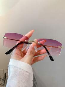 1pc Women's Rectangular Frame Fashion Glasses, Rimless Design, Versatile Decorative Glasses For Summer Beach Vacation,Outdoor,Travel Preppy Style For Back To School - Multicolor - View 3