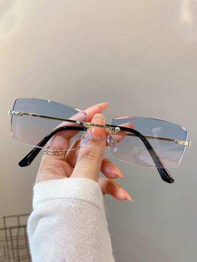 1pc Women's Rectangular Frame Fashion Glasses, Rimless Design, Versatile Decorative Glasses For Summer Beach Vacation,Outdoor,Travel Preppy Style For Back To School