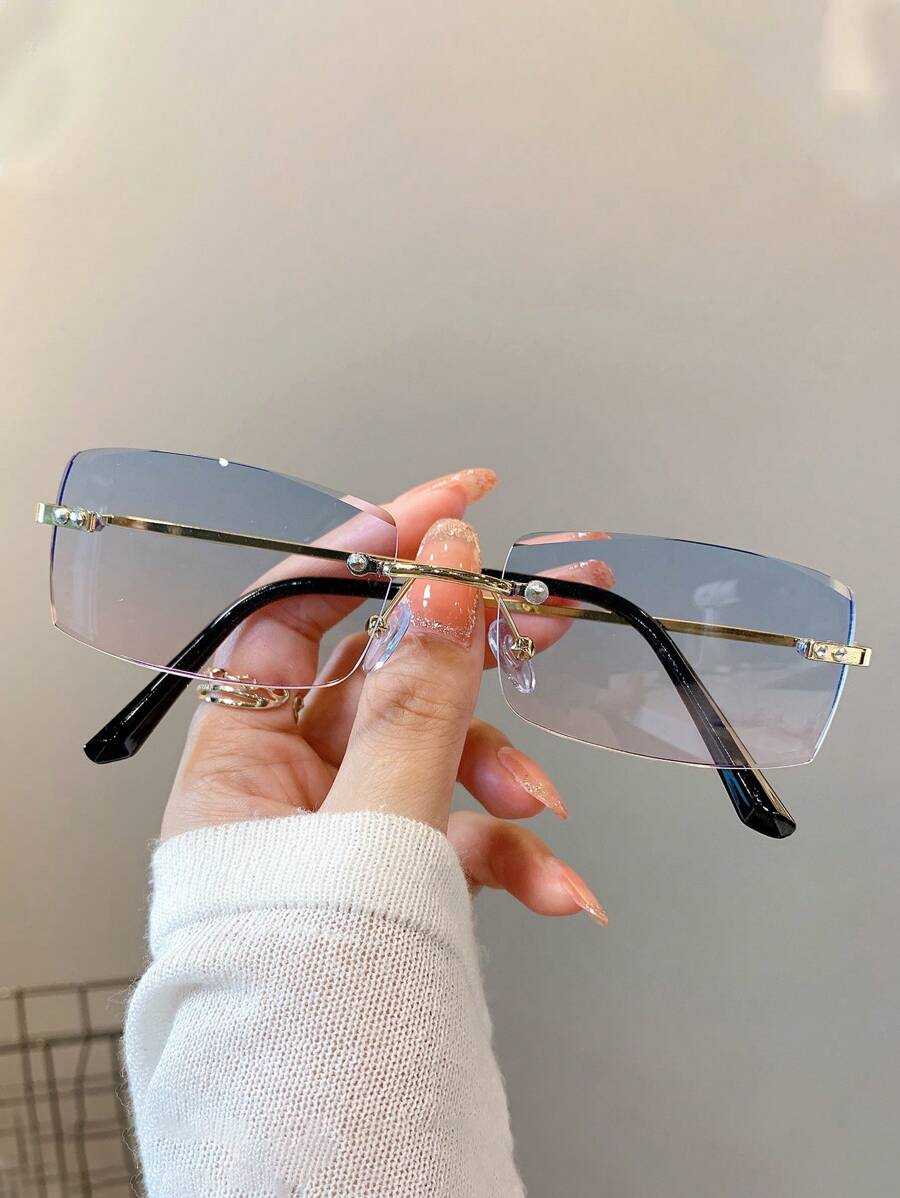 1pc Women's Rectangular Frame Fashion Glasses, Rimless Design, Versatile Decorative Glasses For Summer Beach Vacation,Outdoor,Travel Preppy Style For Back To School - Multicolor - View 1