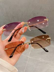 1pc Women's Rectangular Frame Fashion Glasses, Rimless Design, Versatile Decorative Glasses For Summer Beach Vacation,Outdoor,Travel Preppy Style For Back To School - Multicolor - View 6