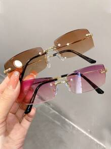 1pc Women's Rectangular Frame Fashion Glasses, Rimless Design, Versatile Decorative Glasses For Summer Beach Vacation,Outdoor,Travel Preppy Style For Back To School - Multicolor - View 7