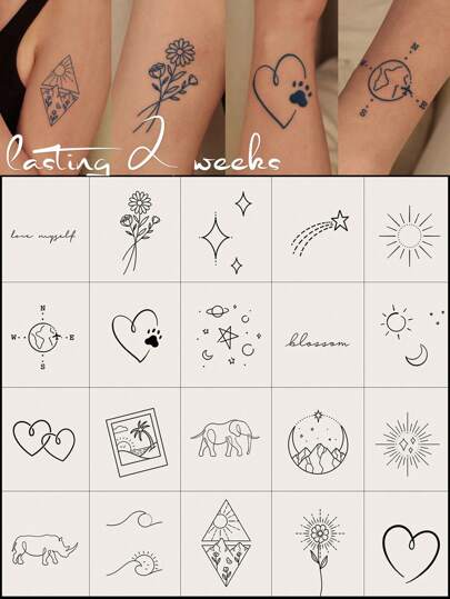 CAT QUEEN ART ملصقات وشم مؤقتة بعصير عشبي زرقاء 20 قطعة بتصميم خطوط بسيطة تتضمن قلبًا وقمرًا ونجومًا وزهورًا ، تدوم لمدة 14 يومًا ، لا تترك أي بقايا على الجسد ، مناسبة للمعصم والجسم تاتو تاتو ابيض ملصق ووشمشم وشم ملصق وشم وشم