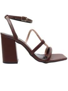 Sandália Salto Grosso Bico Quadrado Strass Tiras Confortável