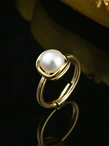 1 件 18K 镀金天然珍珠可调节开口戒指，适合女士 - 彩色 - 查看 3