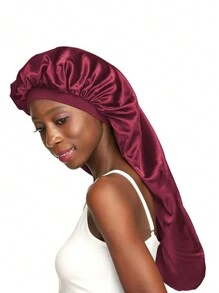 Long Satin Sleep Bonnet -Extra Large Night Cap For Women With Long Curly Dreadlock Braid Hair - Burgundy - View 3