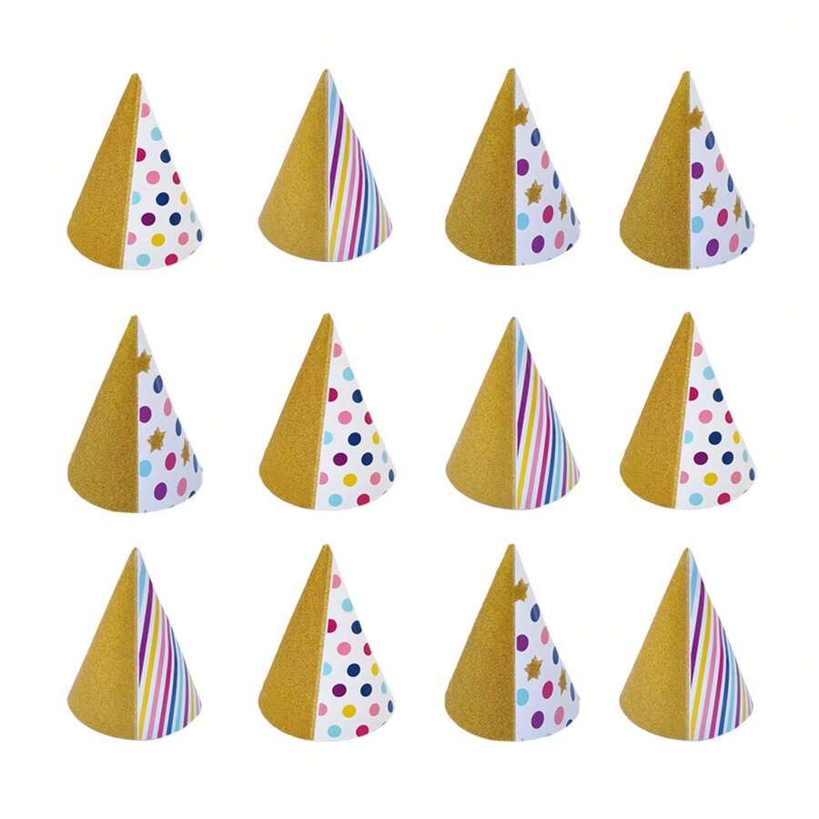 12pcs Creative Double Color Splicing Party Hat, Suitable For Festival Party Scene, First Birthday - Gold - View 1