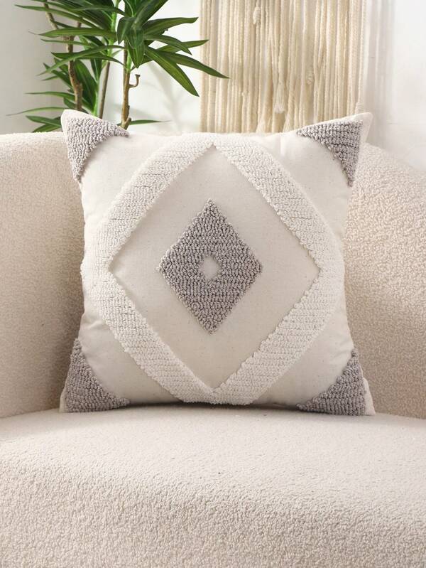 Miater 1pc Embroidered Cushion Cover, Canvas Knit Velvet, Geometrical Pattern