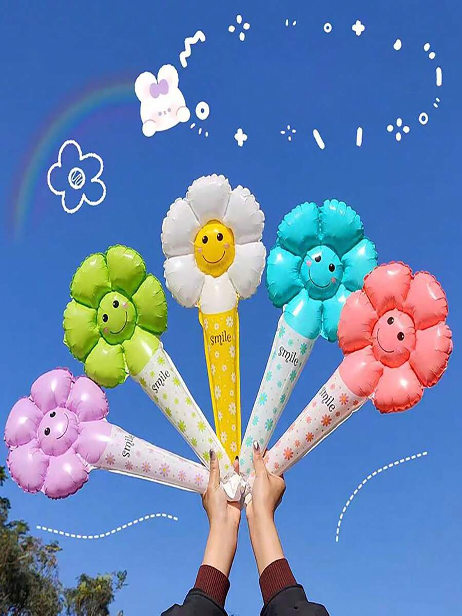 6入組菊花形狀鋁氣球連手持棒，生日派對禮物精靈棒（含紙吸管） - 彩色 - 查看 1