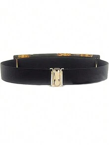 Mirrored/Metallic Look Elastic Waist Belt With Metal Plates - Gold - View 4