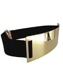 Mirrored/Metallic Look Elastic Waist Belt With Metal Plates - Gold - View 1
