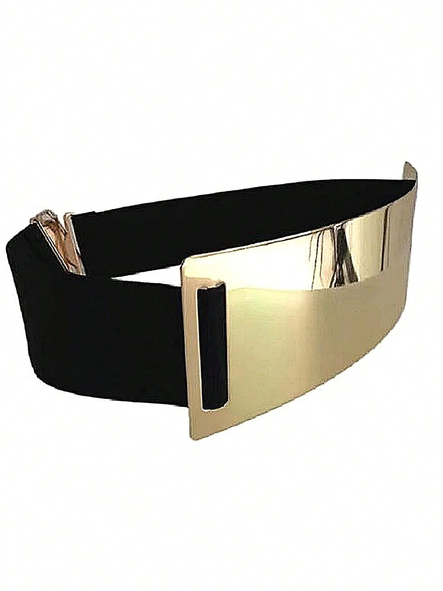 Mirrored/Metallic Look Elastic Waist Belt With Metal Plates - Gold - View 1