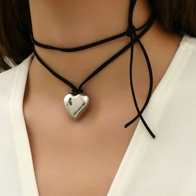 1 Pieza Colgante De Corazón De Amor Gótico, Cadena Con Cuerda De Encaje En Capas Para Mujeres, Gargantilla De Terciopelo Negro Con Nudo De Lazo Fresco, Accesorios Para Fiestas Y2k