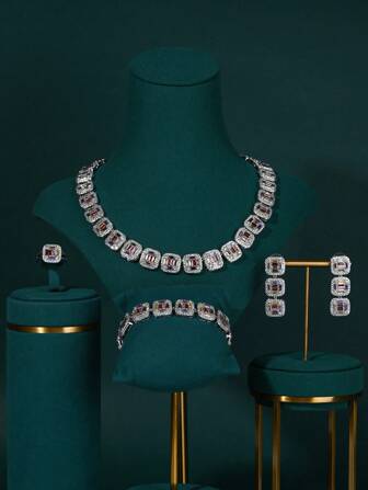 4pcs/Set Colorful Zirconia Geometric Jewelry Set Including Necklace, Earrings, Ring, Bracelet, Suitable For Women's Daily, Party, Wedding, Bridal Wear