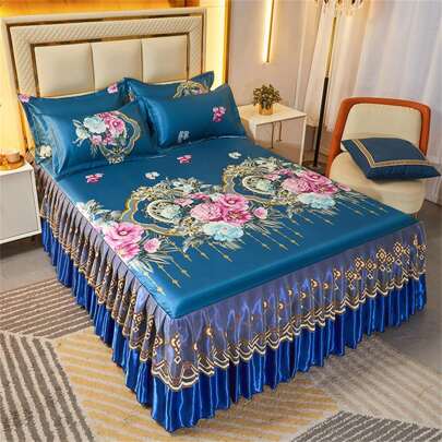 3pcs Bed Skirt Set (Includes 1 Bed Skirt And 2 Pillowcases) With Lace Trim, Printed And Made Of Icy Silk, Summer Comfortable Anti-Slip Bedding Decor, Suitable For All Seasons, Great For Bedroom And Guest Room, Machine-Washable.