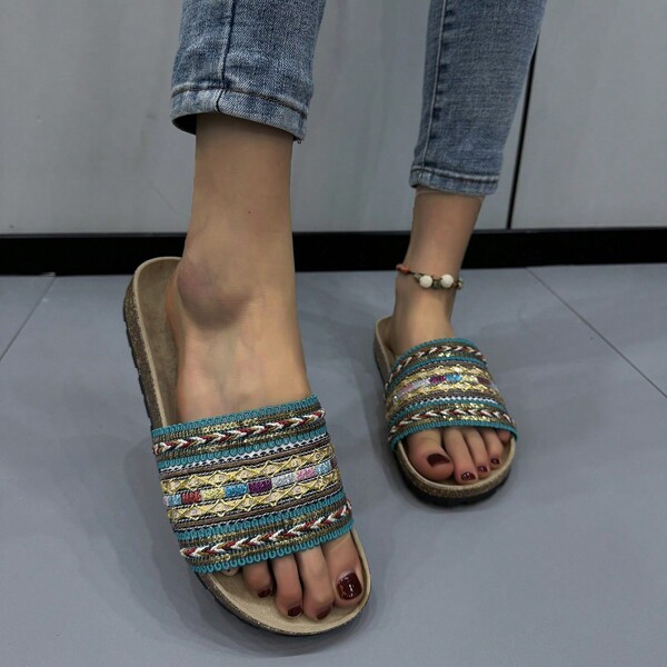 2024 Neue Boho-Stil Strandsandalen Damenschuhe, Tragen draußen flache Pantoffeln, Offene Sandalen