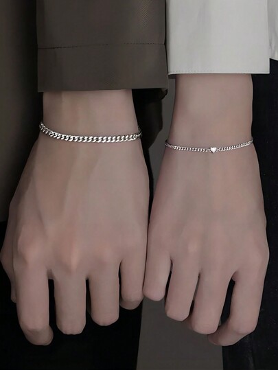 A Set Of 2pcs Fashionable And Simple Heart-Shaped Diamante Chain Bracelets, Suitable For Couples To Wear On Daily, Party And Festival Occasions
