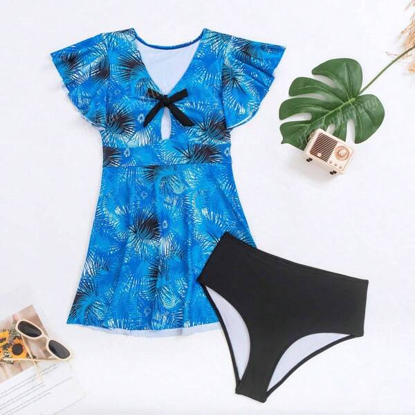 Conjunto de bañador tipo tankini con estampado de plantas, estilo europeo y americano, para vacaciones de verano en la playa, nueva colección 2024
