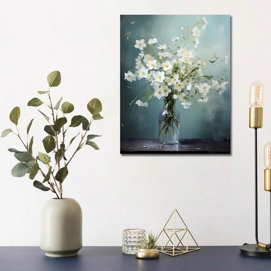 1入組無框浴室牆藝術白色瓶子花卉畫布印刷壁藝術品，適用於臥室水彩畫作品，鄉村家庭辦公室裝飾 - 彩色 - 查看 1