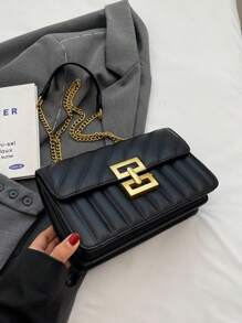 1pc Ladies' Embroidered Striped Fashionable New Arrivals Lock Closure Square Bag, Solid Color All-Match Chain Bag Ideal For Dating Gift - Black - View 4