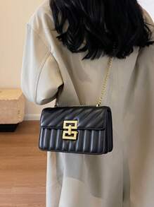 1pc Ladies' Embroidered Striped Fashionable New Arrivals Lock Closure Square Bag, Solid Color All-Match Chain Bag Ideal For Dating Gift - Black - View 7