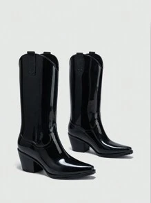 Women Rain Boots High Boots Four Seasons Soft Anti-Slip Moisturizing And Warm Fashionable Outdoor European And American Style High-Heeled Boots Autumn Women Adult Fashionable Pink/Peach Gel Shoes Water Shoes Rain Shoes Style With Corset - Black - View 6