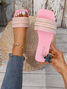 Plus Size Women Water Drop Beaded Flat Slide Sandals, Square Toe Lightweight Comfortable Beach Slippers - Baby Pink - View 2