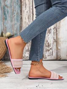 Plus Size Women Water Drop Beaded Flat Slide Sandals, Square Toe Lightweight Comfortable Beach Slippers - Baby Pink - View 5
