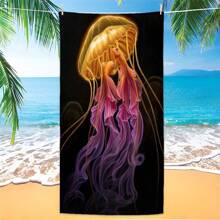 Toalla de playa grande con patrón de dibujos animados de medusas, ligera, a prueba de viento y de secado rápido (1 pieza) - Verde Oscuro - Ver 1