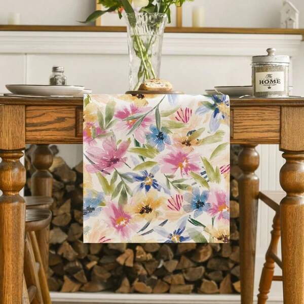 1 Stück Frühlings-Tischläufer, Tischläufer mit Wasserfarben-Blumen und Blättern für Frühling und Sommer, saisonale Ostern Küche Esstischdekoration für Zuhause und Partydekoration