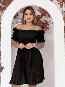 vestido curto feminino cintura Alta lisa plissada manga curto - Preto - Visão 1