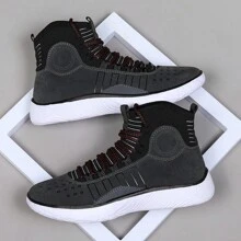 2024男士彈性切爾西運動鞋，內附襪子，紫色、純白、紅色、黑色、灰色對比色，超柔軟跑步鞋 - 黑色 - 查看 1