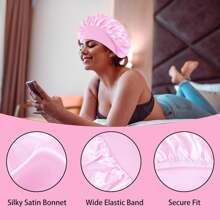 4pcs/Set Simulated Silk Eye Mask & Hair Accessories Sleeping Set Satin Bonnet For Women Tie Band Hair Bonnet For Sleeping Silk Sleeping Cap Nightcap For SleepingFor Bedroom,Travel,Office,School - Black - View 10