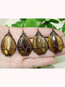 1PC Tree Of Life Crystals Necklace Pendant Water Drop Natural Stone Wire Wrap Rose Amethysts Quartz Crystal Tiger Eye Necklace Pendant