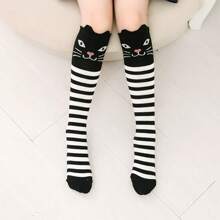 Girls' Over-The-Knee Animal Striped Socks, Fox, Black Cat, Cute Cartoon Print, Long Tube Leg Warmer Stockings - Black and White - View 8